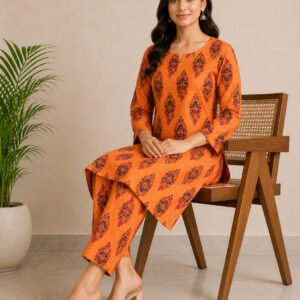 Orange Floral Printed Cotton Co-Ord Set for Women