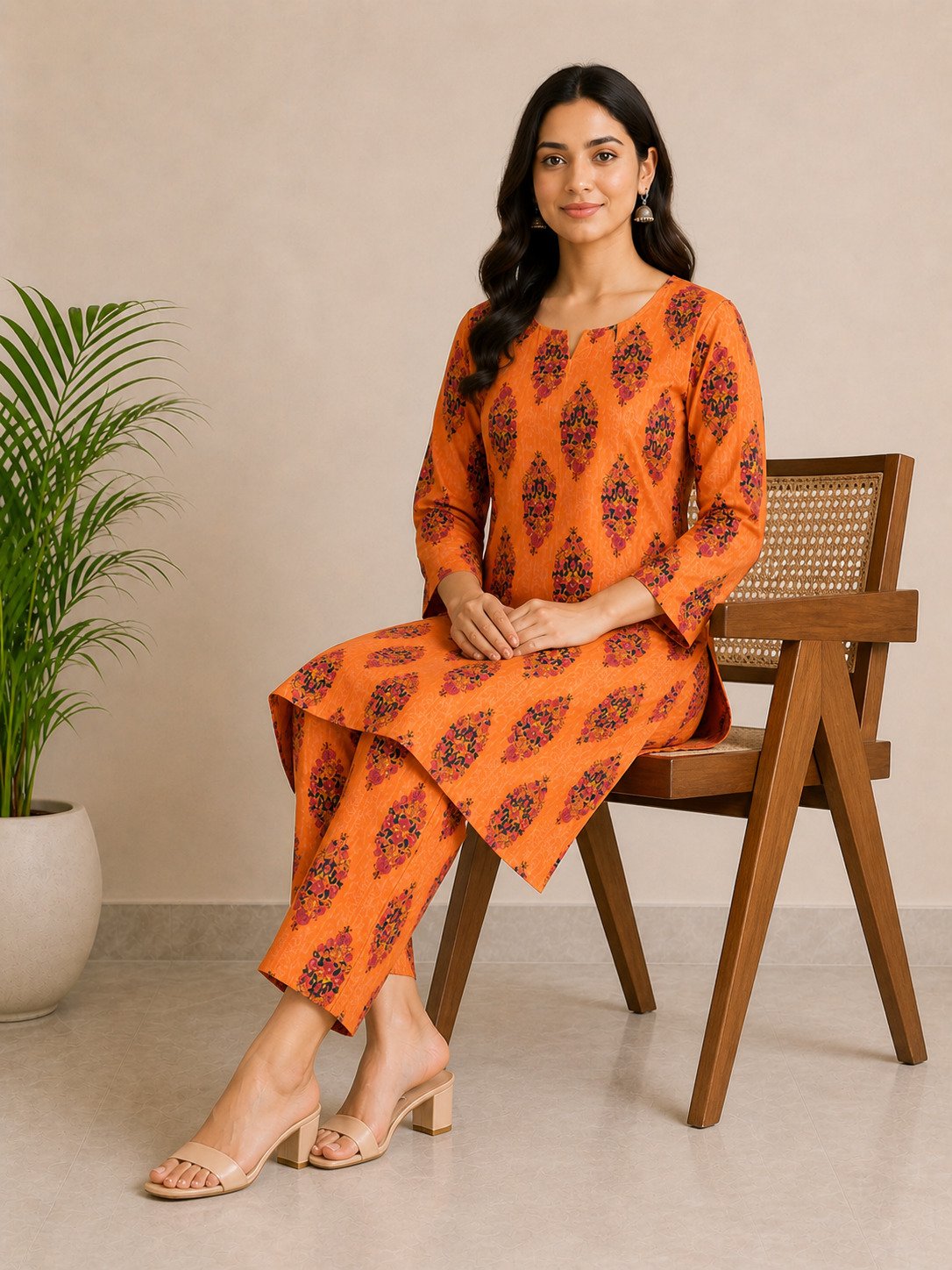 Orange Floral Printed Cotton Co-Ord Set for Women
