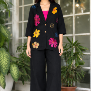 Midnight Bloom Embroidered Blazer-Style Co-ord Set