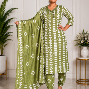Olive Green Geometric Block Printed Kurta, Pant & Dupatta Set