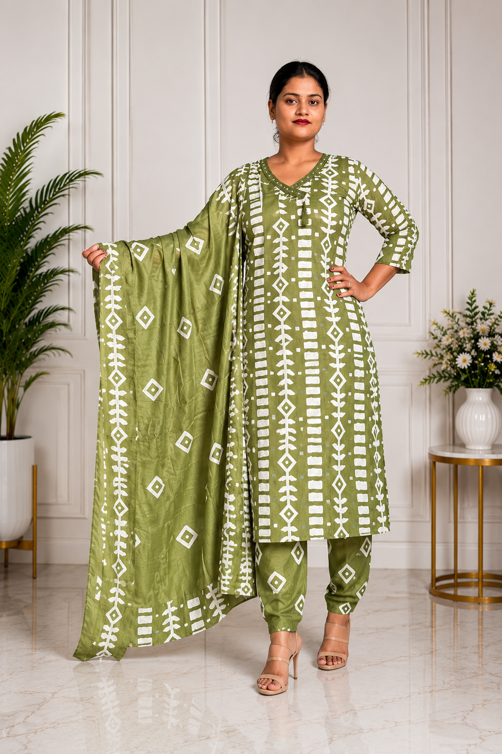 Olive Green Geometric Block Printed Kurta, Pant & Dupatta Set