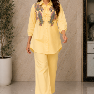 Sunwashed Yellow Embroidered Shirt & Wide-Leg Co-ord Set