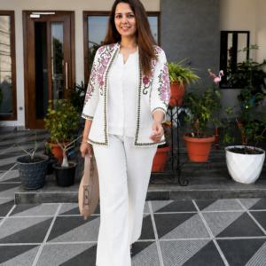 Ivory Blossom Embroidered Shacket-Style Three-Piece Co-ord Set