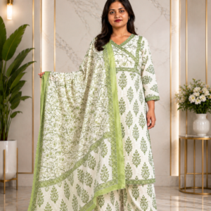 Sage Green Floral Block Printed Angrakha Kurta, Palazzo & Dupatta Set