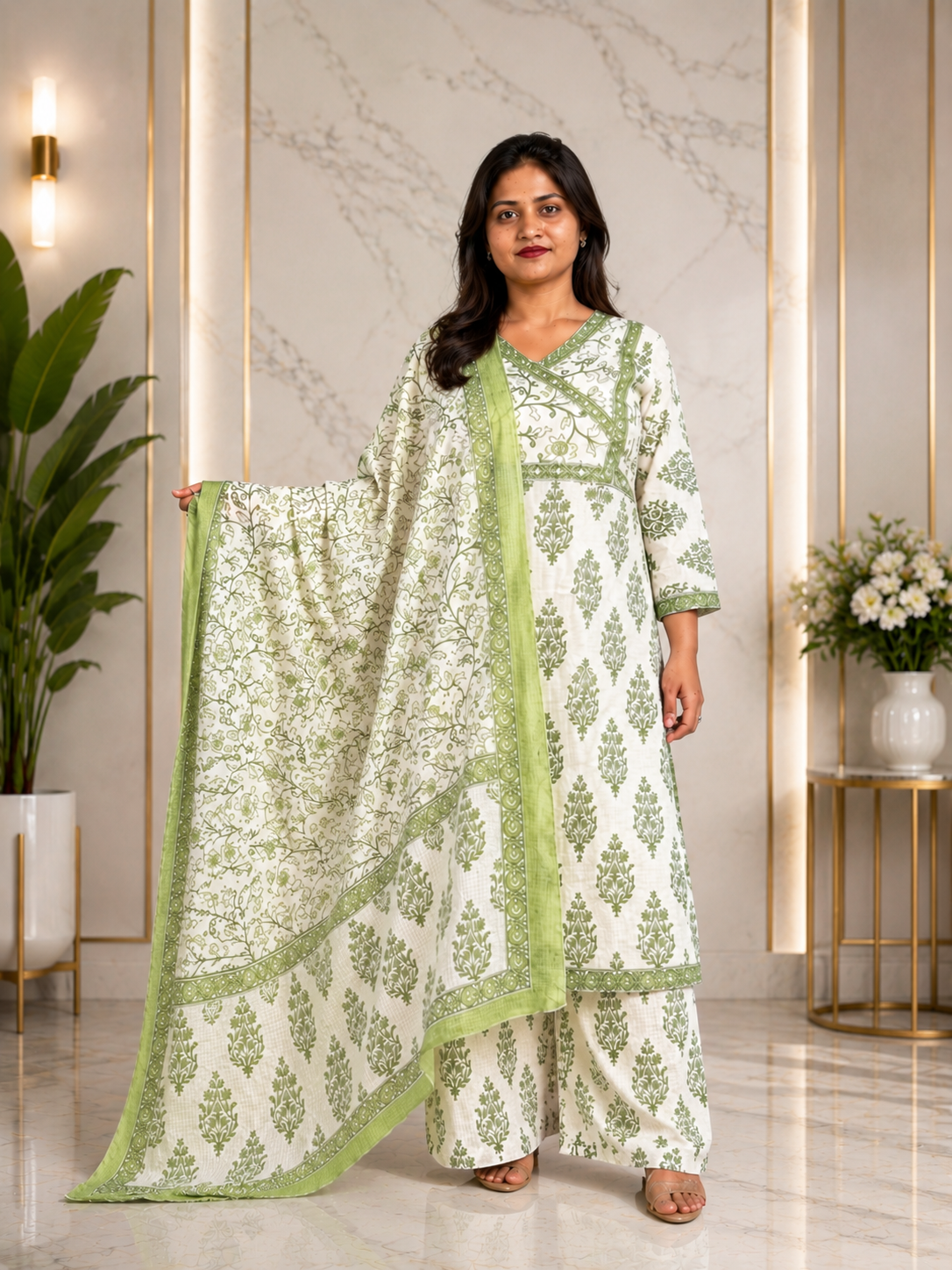 Sage Green Floral Block Printed Angrakha Kurta, Palazzo & Dupatta Set
