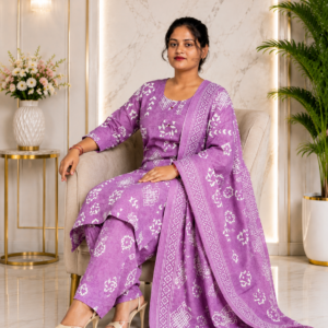 Lavender Blossom Geometric Printed Kurta, Pant & Dupatta Set