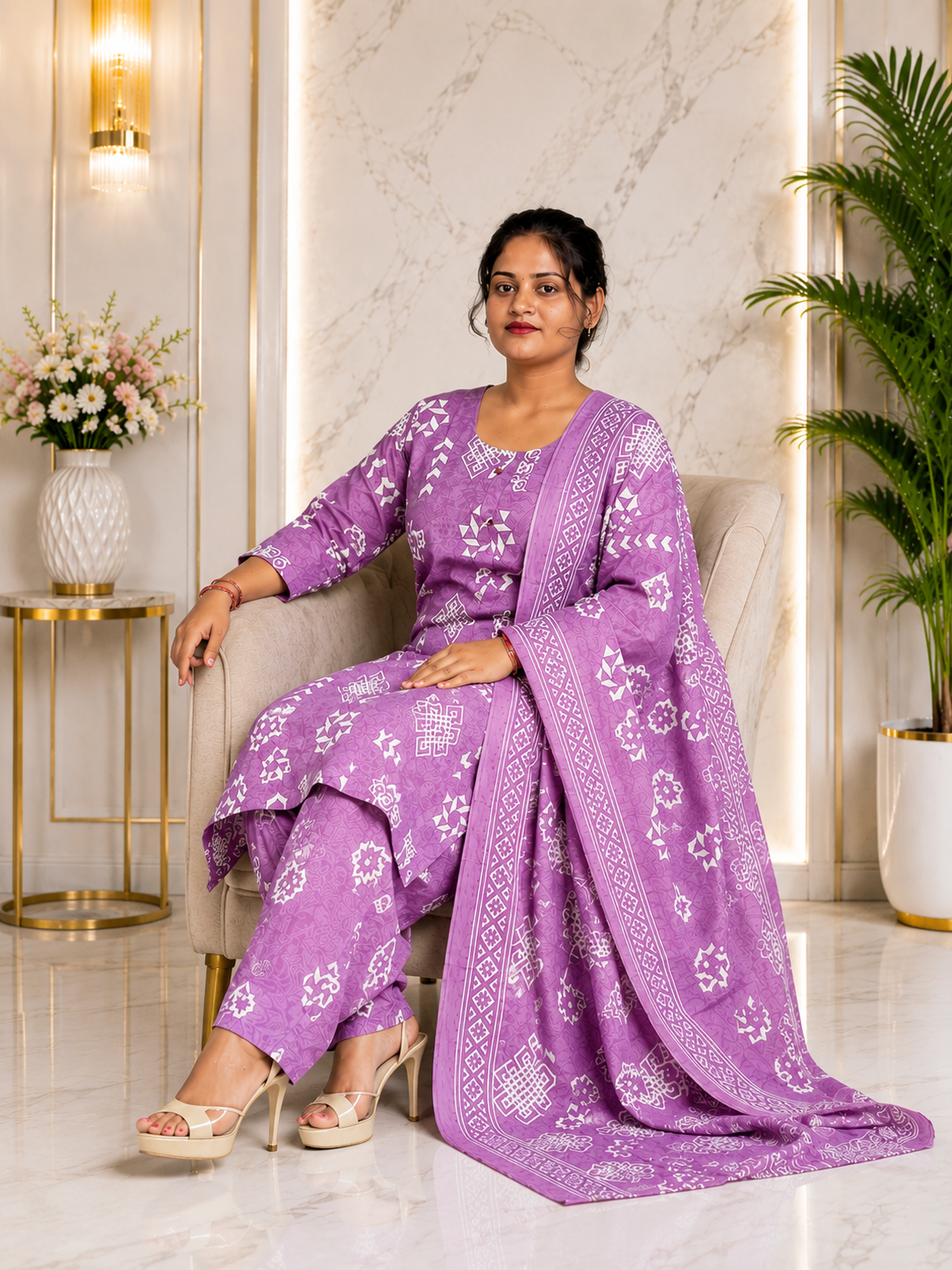 Lavender Blossom Geometric Printed Kurta, Pant & Dupatta Set