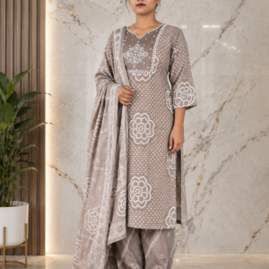 Taupe Grey Bandhani Printed Kurta, Salwar & Dupatta Set