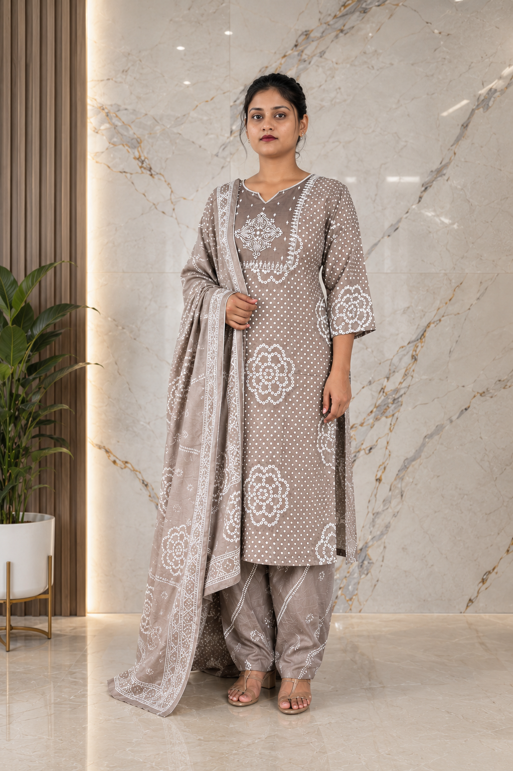 Taupe Grey Bandhani Printed Kurta, Salwar & Dupatta Set