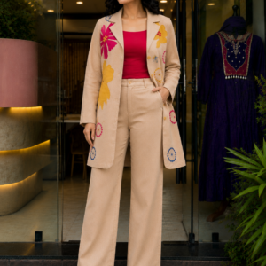Desert Beige Floral Appliqué Longline Blazer Co-ord Set