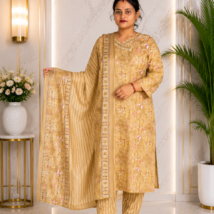 Honey Beige Floral Printed Kurta, Striped Pants & Dupatta Set