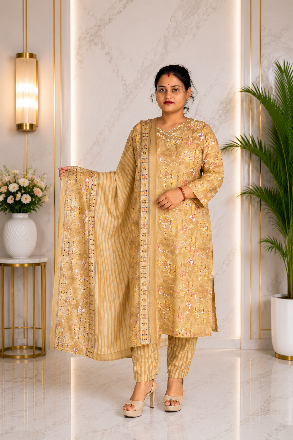 Honey Beige Floral Printed Kurta, Striped Pants & Dupatta Set