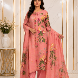 Coral Pink Floral Printed Kurta, Straight Pants & Dupatta Set