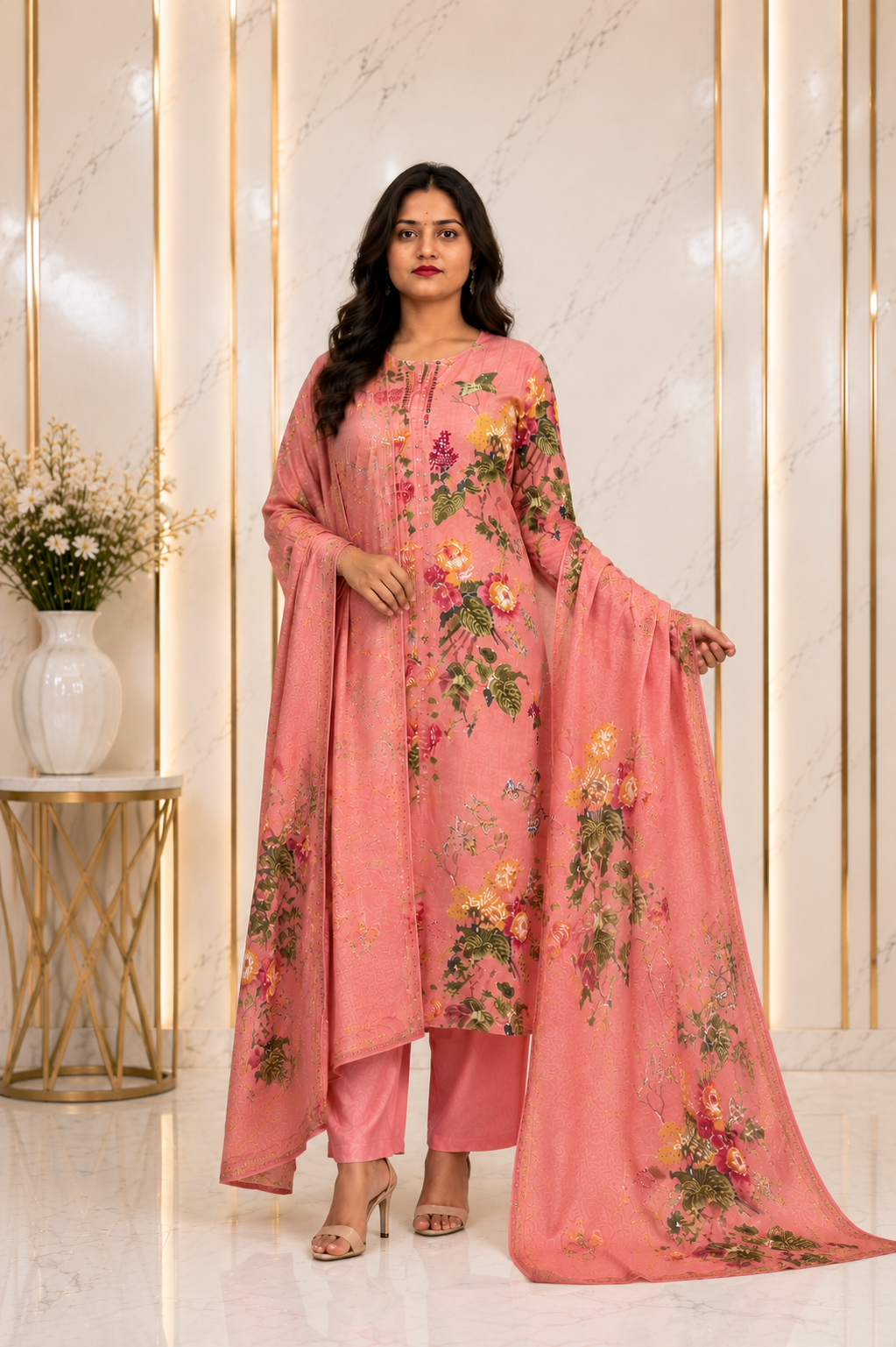 Coral Pink Floral Printed Kurta, Straight Pants & Dupatta Set